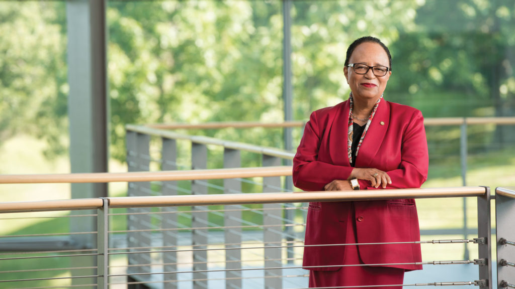 Dr. Shirley Ann Jackson standing in EMPAC lobby